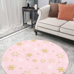 Blush Pink Snowflake Fluffy Round Area Rug Carpets 3.3ft, Plush Shaggy Carpet Soft Circular Rugs, Non-Slip Fuzzy Accent Floor Mat for Living Room Bedroom Nursery Merry Christmas Romantic Gold White