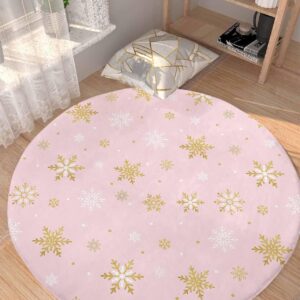 Blush Pink Snowflake Fluffy Round Area Rug Carpets 3.3ft, Plush Shaggy Carpet Soft Circular Rugs, Non-Slip Fuzzy Accent Floor Mat for Living Room Bedroom Nursery Merry Christmas Romantic Gold White