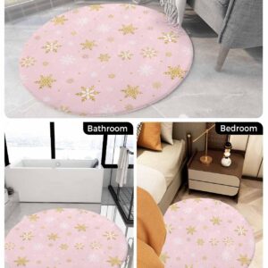 Blush Pink Snowflake Fluffy Round Area Rug Carpets 3.3ft, Plush Shaggy Carpet Soft Circular Rugs, Non-Slip Fuzzy Accent Floor Mat for Living Room Bedroom Nursery Merry Christmas Romantic Gold White