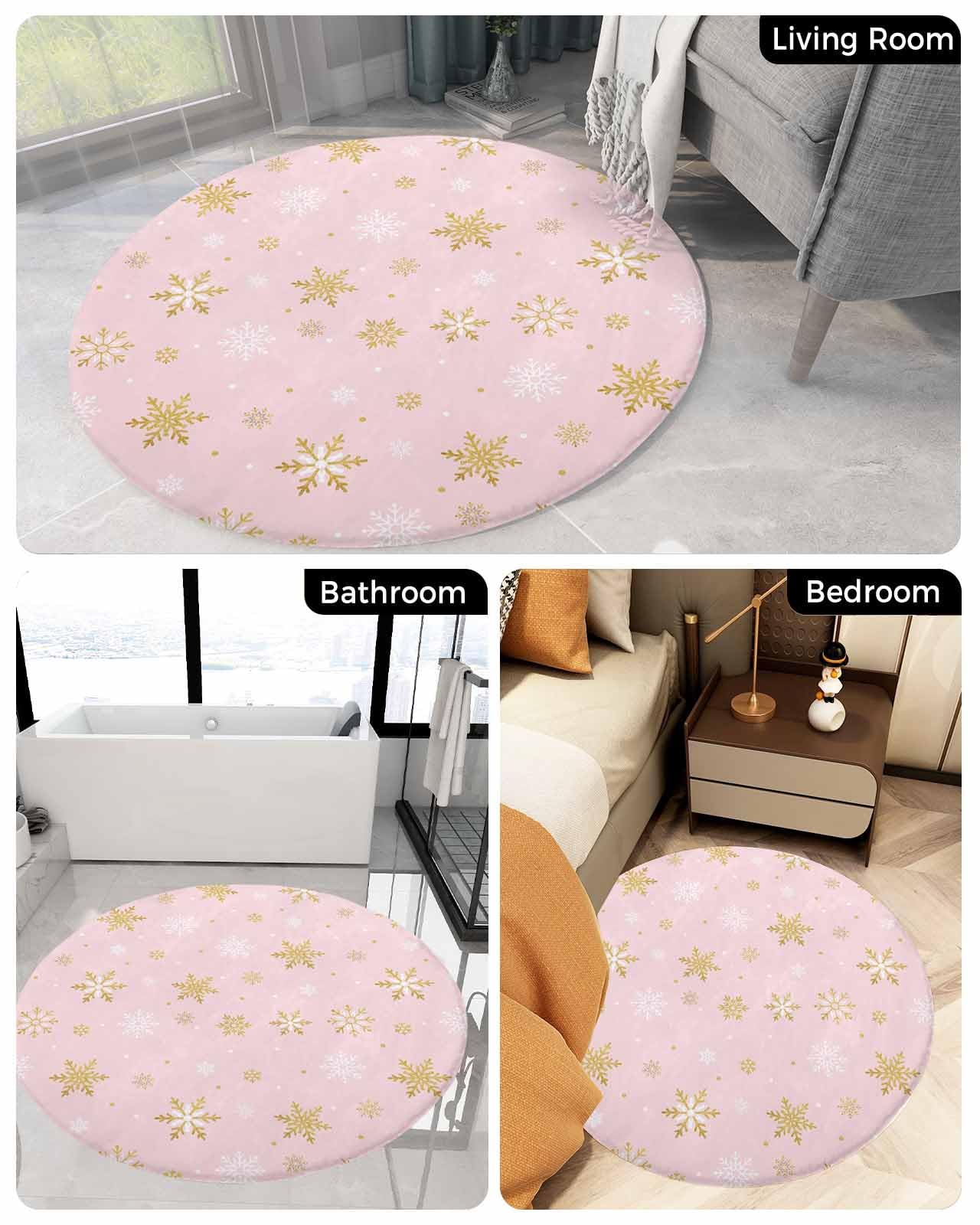 Blush Pink Snowflake Fluffy Round Area Rug Carpets 3.3ft, Plush Shaggy Carpet Soft Circular Rugs, Non-Slip Fuzzy Accent Floor Mat for Living Room Bedroom Nursery Merry Christmas Romantic Gold White