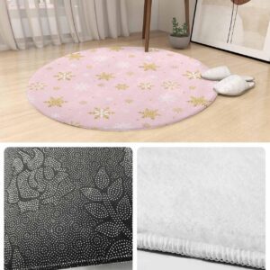 Blush Pink Snowflake Fluffy Round Area Rug Carpets 3.3ft, Plush Shaggy Carpet Soft Circular Rugs, Non-Slip Fuzzy Accent Floor Mat for Living Room Bedroom Nursery Merry Christmas Romantic Gold White