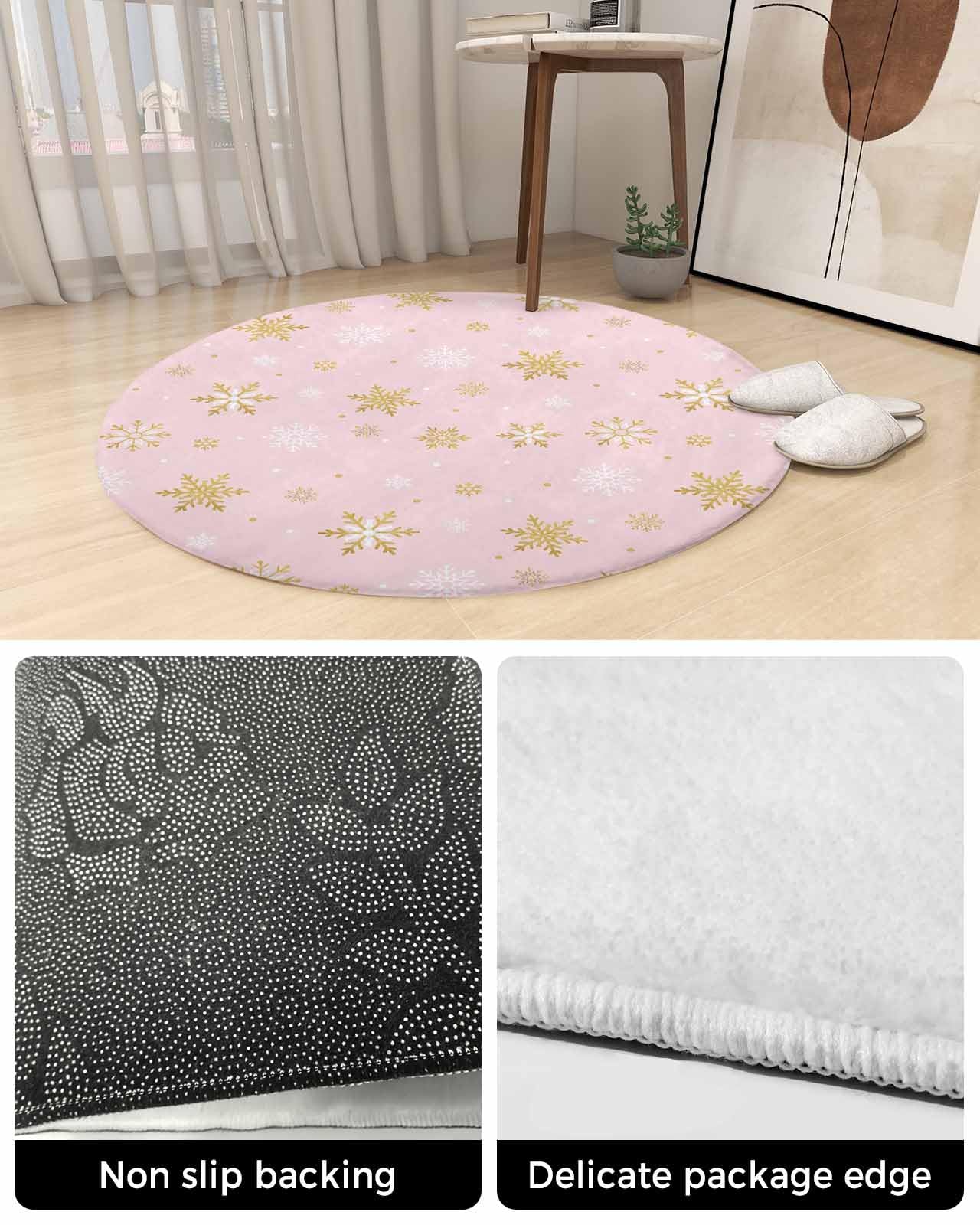 Blush Pink Snowflake Fluffy Round Area Rug Carpets 3.3ft, Plush Shaggy Carpet Soft Circular Rugs, Non-Slip Fuzzy Accent Floor Mat for Living Room Bedroom Nursery Merry Christmas Romantic Gold White