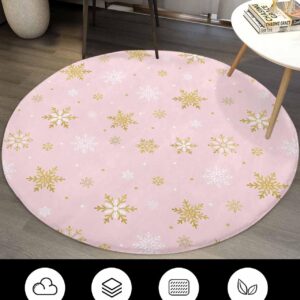 Blush Pink Snowflake Fluffy Round Area Rug Carpets 3.3ft, Plush Shaggy Carpet Soft Circular Rugs, Non-Slip Fuzzy Accent Floor Mat for Living Room Bedroom Nursery Merry Christmas Romantic Gold White