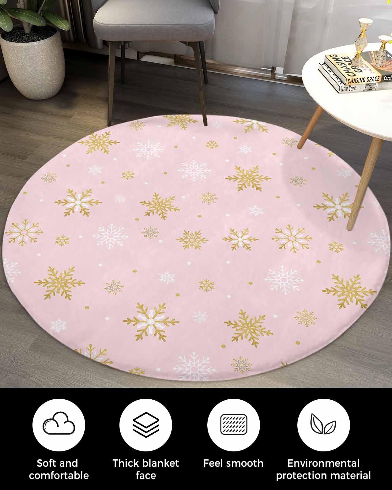 Blush Pink Snowflake Fluffy Round Area Rug Carpets 3.3ft, Plush Shaggy Carpet Soft Circular Rugs, Non-Slip Fuzzy Accent Floor Mat for Living Room Bedroom Nursery Merry Christmas Romantic Gold White