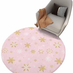 Blush Pink Snowflake Fluffy Round Area Rug Carpets 3.3ft, Plush Shaggy Carpet Soft Circular Rugs, Non-Slip Fuzzy Accent Floor Mat for Living Room Bedroom Nursery Merry Christmas Romantic Gold White