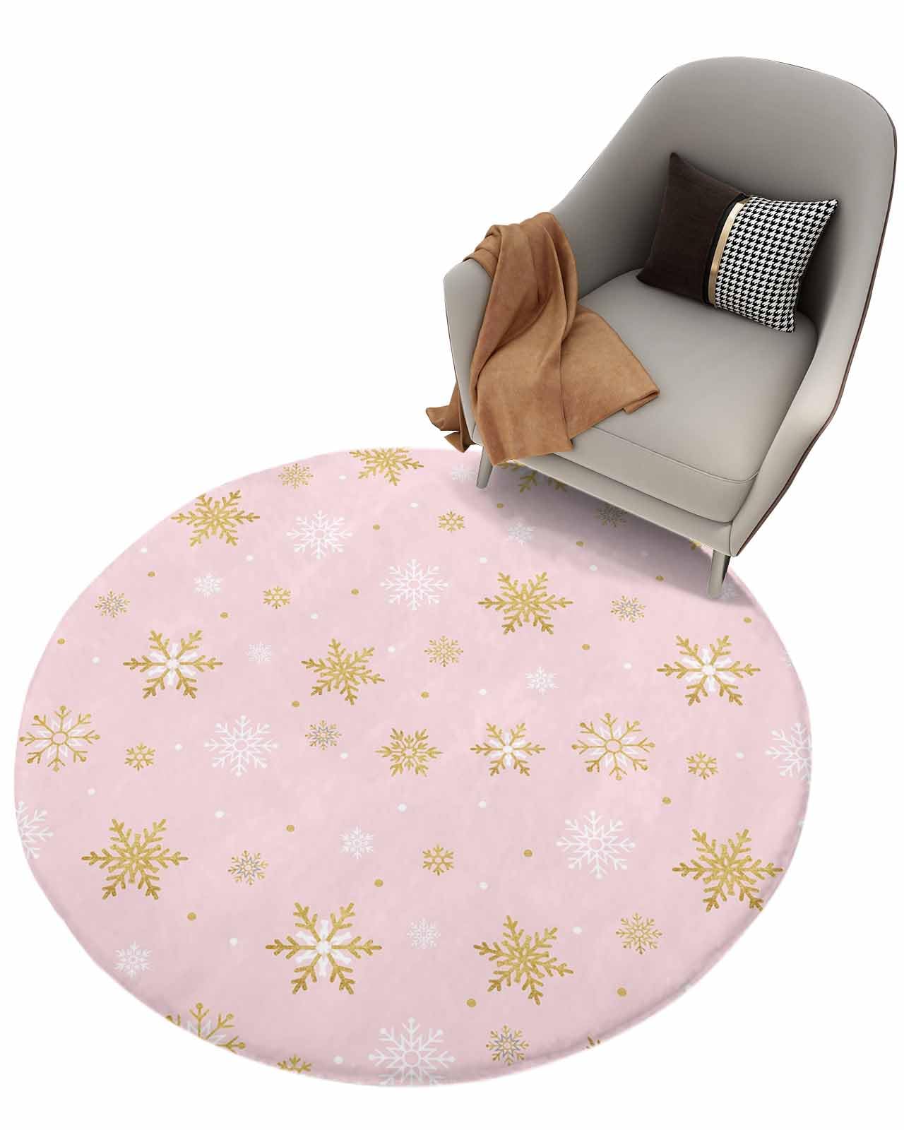 Blush Pink Snowflake Fluffy Round Area Rug Carpets 3.3ft, Plush Shaggy Carpet Soft Circular Rugs, Non-Slip Fuzzy Accent Floor Mat for Living Room Bedroom Nursery Merry Christmas Romantic Gold White