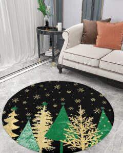 christmas black fluffy round area rug carpets 3ft, plush shaggy carpet soft circular rugs, non-slip fuzzy accent floor mat for living room bedroom nursery home decor xmas tree geometric green gold