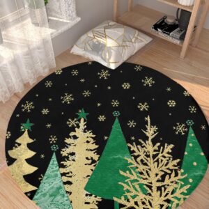 Christmas Black Fluffy Round Area Rug Carpets 3ft, Plush Shaggy Carpet Soft Circular Rugs, Non-Slip Fuzzy Accent Floor Mat for Living Room Bedroom Nursery Home Decor Xmas Tree Geometric Green Gold