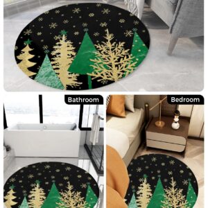 Christmas Black Fluffy Round Area Rug Carpets 3ft, Plush Shaggy Carpet Soft Circular Rugs, Non-Slip Fuzzy Accent Floor Mat for Living Room Bedroom Nursery Home Decor Xmas Tree Geometric Green Gold