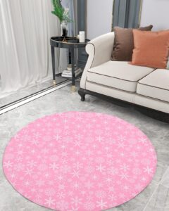 pink christmas fluffy round area rug carpets 4ft, plush shaggy carpet soft circular rugs, non-slip fuzzy accent floor mat for living room bedroom nursery home decor winter fantasy snowflake