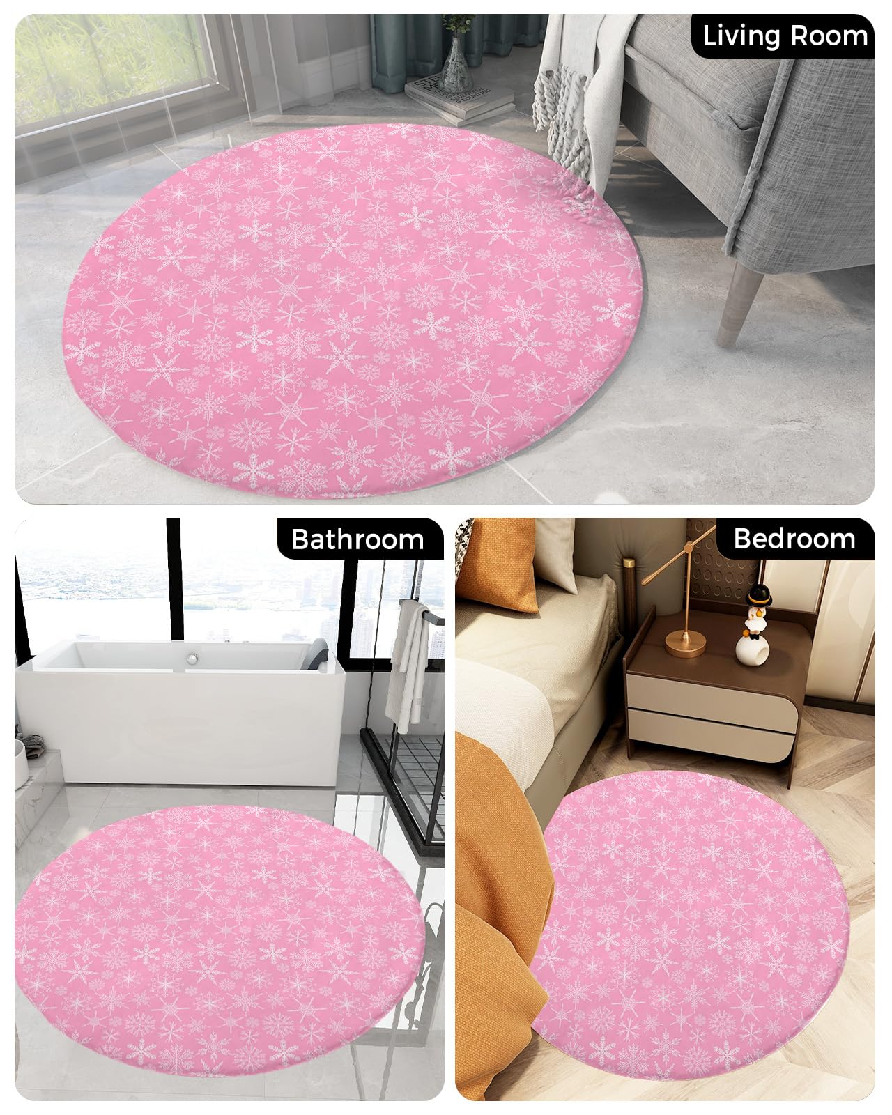 Pink Christmas Fluffy Round Area Rug Carpets 4ft, Plush Shaggy Carpet Soft Circular Rugs, Non-Slip Fuzzy Accent Floor Mat for Living Room Bedroom Nursery Home Decor Winter Fantasy Snowflake