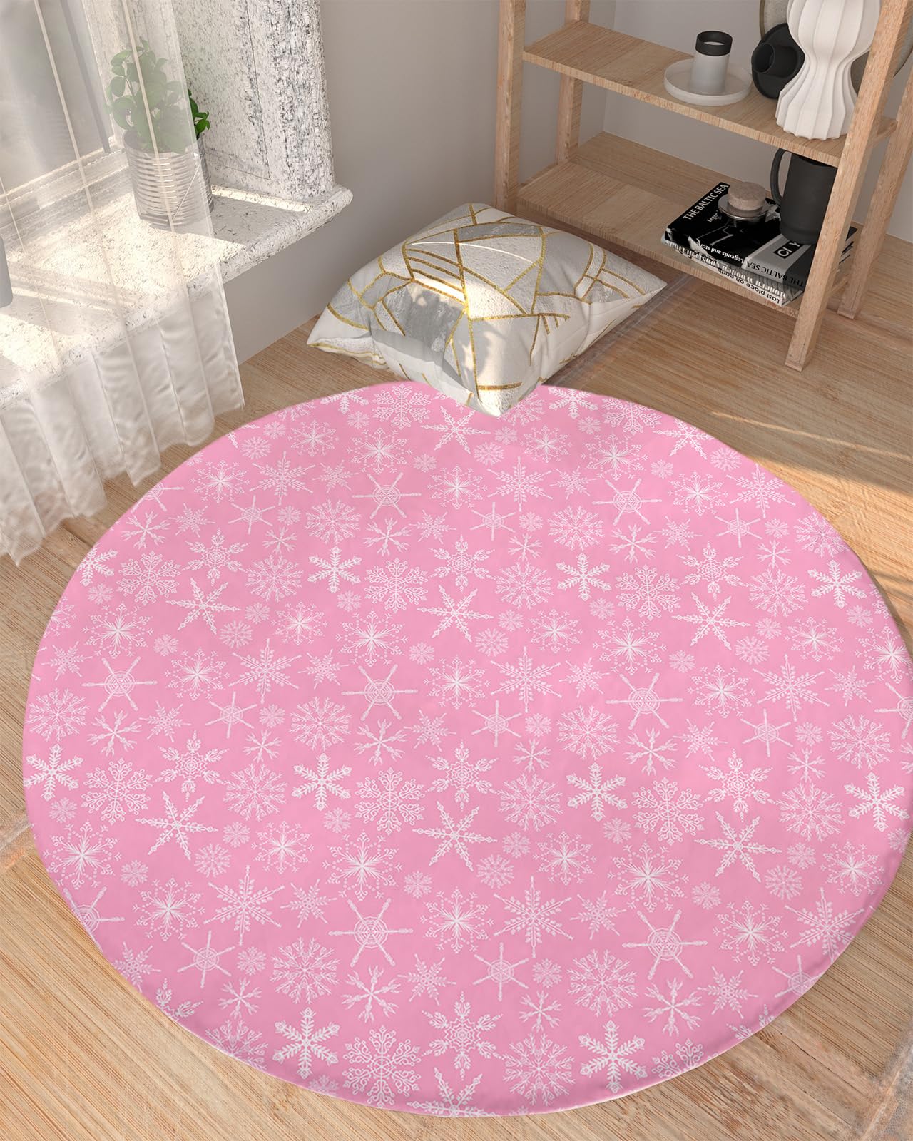 Pink Christmas Fluffy Round Area Rug Carpets 4ft, Plush Shaggy Carpet Soft Circular Rugs, Non-Slip Fuzzy Accent Floor Mat for Living Room Bedroom Nursery Home Decor Winter Fantasy Snowflake