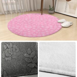 Pink Christmas Fluffy Round Area Rug Carpets 4ft, Plush Shaggy Carpet Soft Circular Rugs, Non-Slip Fuzzy Accent Floor Mat for Living Room Bedroom Nursery Home Decor Winter Fantasy Snowflake