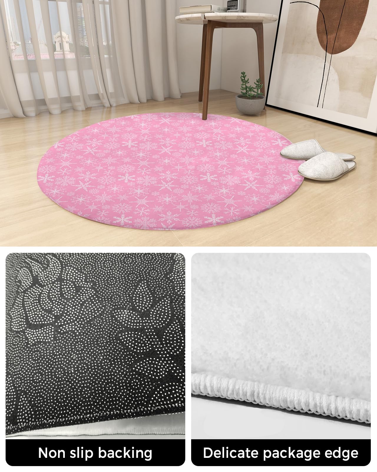 Pink Christmas Fluffy Round Area Rug Carpets 4ft, Plush Shaggy Carpet Soft Circular Rugs, Non-Slip Fuzzy Accent Floor Mat for Living Room Bedroom Nursery Home Decor Winter Fantasy Snowflake