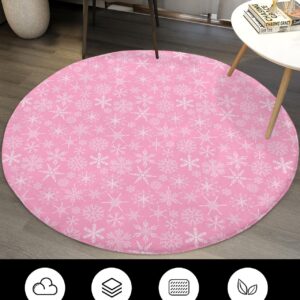 Pink Christmas Fluffy Round Area Rug Carpets 4ft, Plush Shaggy Carpet Soft Circular Rugs, Non-Slip Fuzzy Accent Floor Mat for Living Room Bedroom Nursery Home Decor Winter Fantasy Snowflake