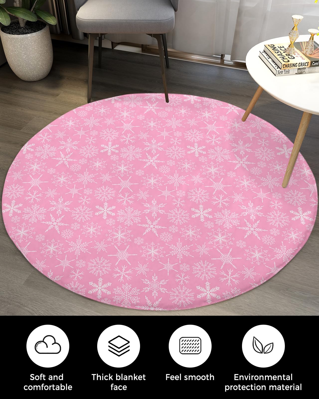 Pink Christmas Fluffy Round Area Rug Carpets 4ft, Plush Shaggy Carpet Soft Circular Rugs, Non-Slip Fuzzy Accent Floor Mat for Living Room Bedroom Nursery Home Decor Winter Fantasy Snowflake