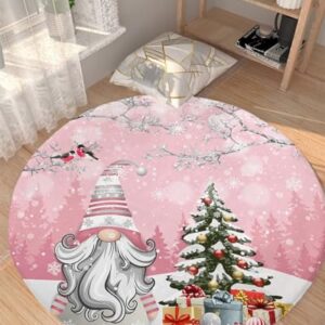 Christmas Gnomes Fluffy Round Area Rug Carpets 4ft, Plush Shaggy Carpet Soft Circular Rugs, Non-Slip Fuzzy Accent Floor Mat for Living Room Bedroom Nursery Home Decor Xmas Snowy Tree Bird Pink