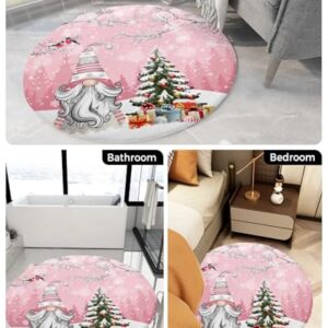 Christmas Gnomes Fluffy Round Area Rug Carpets 4ft, Plush Shaggy Carpet Soft Circular Rugs, Non-Slip Fuzzy Accent Floor Mat for Living Room Bedroom Nursery Home Decor Xmas Snowy Tree Bird Pink