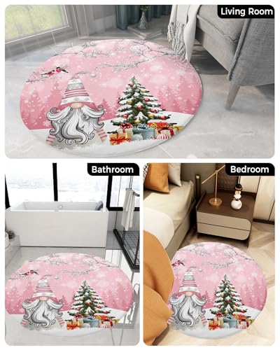 Christmas Gnomes Fluffy Round Area Rug Carpets 4ft, Plush Shaggy Carpet Soft Circular Rugs, Non-Slip Fuzzy Accent Floor Mat for Living Room Bedroom Nursery Home Decor Xmas Snowy Tree Bird Pink