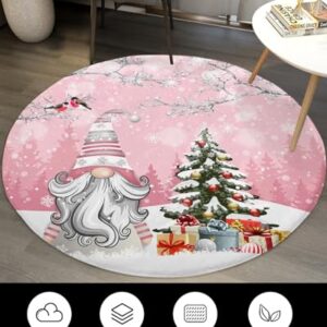 Christmas Gnomes Fluffy Round Area Rug Carpets 4ft, Plush Shaggy Carpet Soft Circular Rugs, Non-Slip Fuzzy Accent Floor Mat for Living Room Bedroom Nursery Home Decor Xmas Snowy Tree Bird Pink