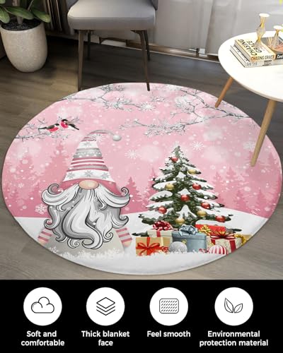 Christmas Gnomes Fluffy Round Area Rug Carpets 4ft, Plush Shaggy Carpet Soft Circular Rugs, Non-Slip Fuzzy Accent Floor Mat for Living Room Bedroom Nursery Home Decor Xmas Snowy Tree Bird Pink