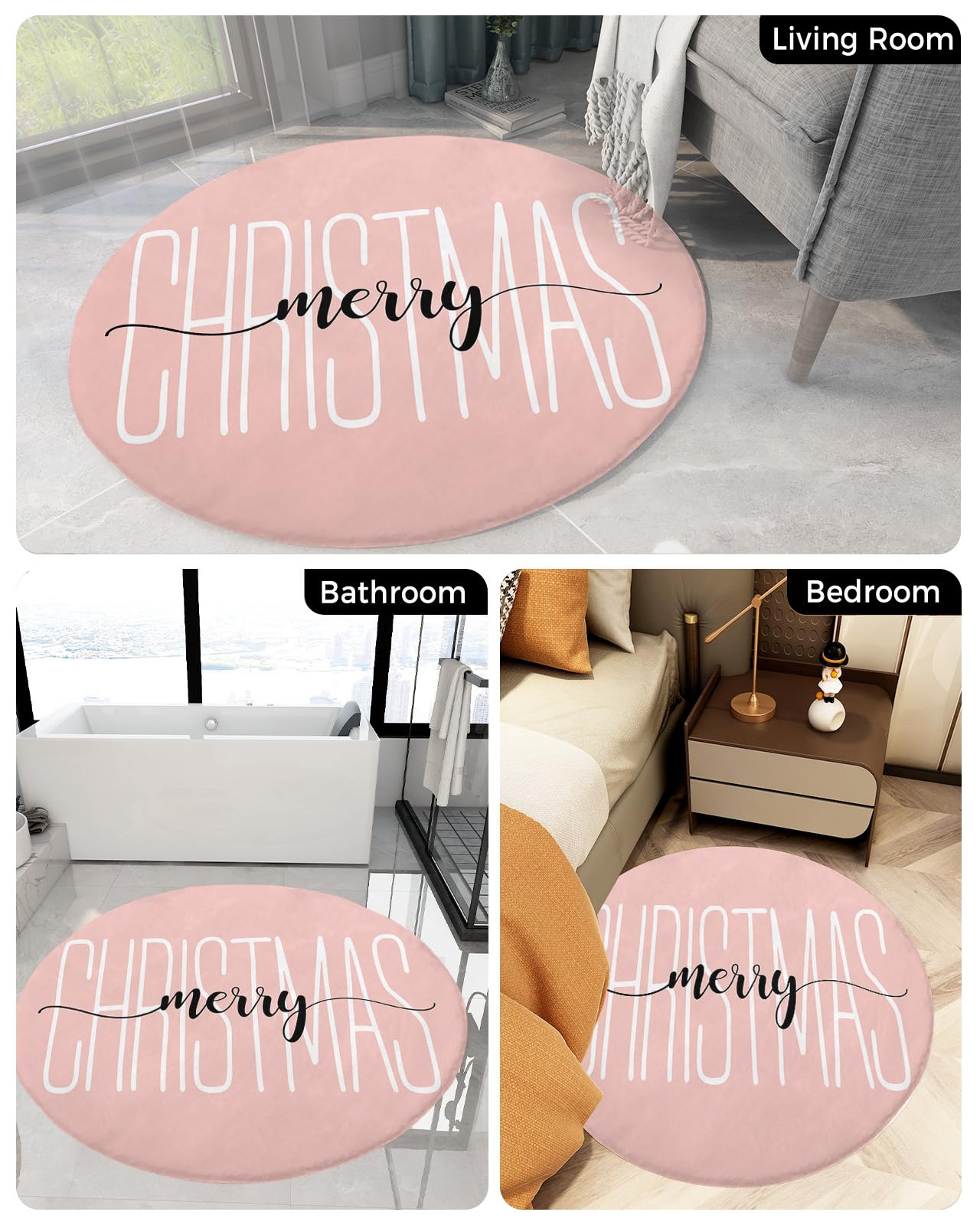Merry Christmas Fluffy Round Area Rug Carpets 4ft, Plush Shaggy Carpet Soft Circular Rugs, Non-Slip Fuzzy Accent Floor Mat for Living Room Bedroom Nursery Home Decor Blush Pink Xmas Holiday