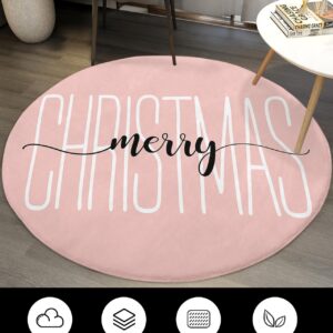 Merry Christmas Fluffy Round Area Rug Carpets 4ft, Plush Shaggy Carpet Soft Circular Rugs, Non-Slip Fuzzy Accent Floor Mat for Living Room Bedroom Nursery Home Decor Blush Pink Xmas Holiday