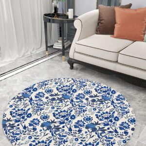 Floral Leaves Fluffy Round Area Rug Carpets 4ft, Plush Shaggy Carpet Soft Circular Rugs, Non-Slip Fuzzy Accent Floor Mat for Living Room Bedroom Nursery Home Decor Vintage Blue Botanical Plant Flower