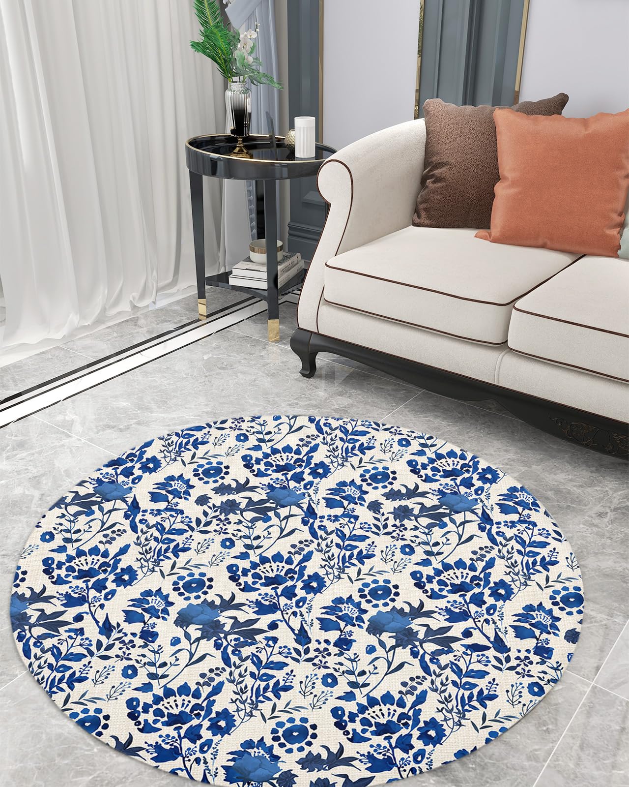 Floral Leaves Fluffy Round Area Rug Carpets 4ft, Plush Shaggy Carpet Soft Circular Rugs, Non-Slip Fuzzy Accent Floor Mat for Living Room Bedroom Nursery Home Decor Vintage Blue Botanical Plant Flower