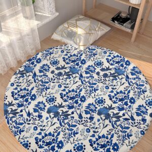 Floral Leaves Fluffy Round Area Rug Carpets 4ft, Plush Shaggy Carpet Soft Circular Rugs, Non-Slip Fuzzy Accent Floor Mat for Living Room Bedroom Nursery Home Decor Vintage Blue Botanical Plant Flower