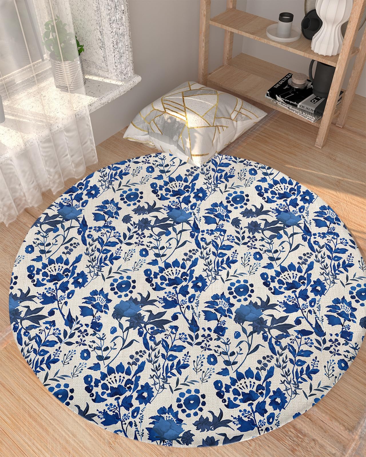 Floral Leaves Fluffy Round Area Rug Carpets 4ft, Plush Shaggy Carpet Soft Circular Rugs, Non-Slip Fuzzy Accent Floor Mat for Living Room Bedroom Nursery Home Decor Vintage Blue Botanical Plant Flower