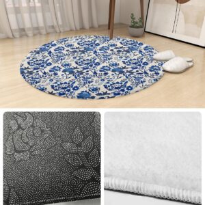 Floral Leaves Fluffy Round Area Rug Carpets 4ft, Plush Shaggy Carpet Soft Circular Rugs, Non-Slip Fuzzy Accent Floor Mat for Living Room Bedroom Nursery Home Decor Vintage Blue Botanical Plant Flower