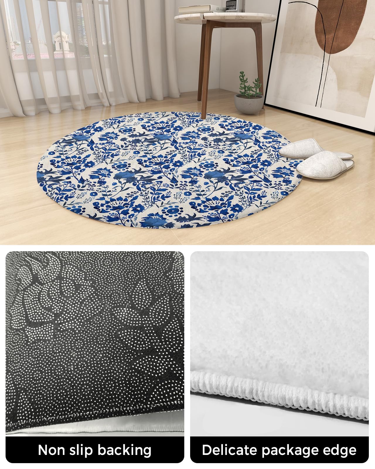 Floral Leaves Fluffy Round Area Rug Carpets 4ft, Plush Shaggy Carpet Soft Circular Rugs, Non-Slip Fuzzy Accent Floor Mat for Living Room Bedroom Nursery Home Decor Vintage Blue Botanical Plant Flower