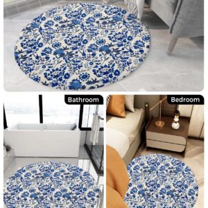 Floral Leaves Fluffy Round Area Rug Carpets 4ft, Plush Shaggy Carpet Soft Circular Rugs, Non-Slip Fuzzy Accent Floor Mat for Living Room Bedroom Nursery Home Decor Vintage Blue Botanical Plant Flower