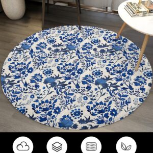 Floral Leaves Fluffy Round Area Rug Carpets 4ft, Plush Shaggy Carpet Soft Circular Rugs, Non-Slip Fuzzy Accent Floor Mat for Living Room Bedroom Nursery Home Decor Vintage Blue Botanical Plant Flower