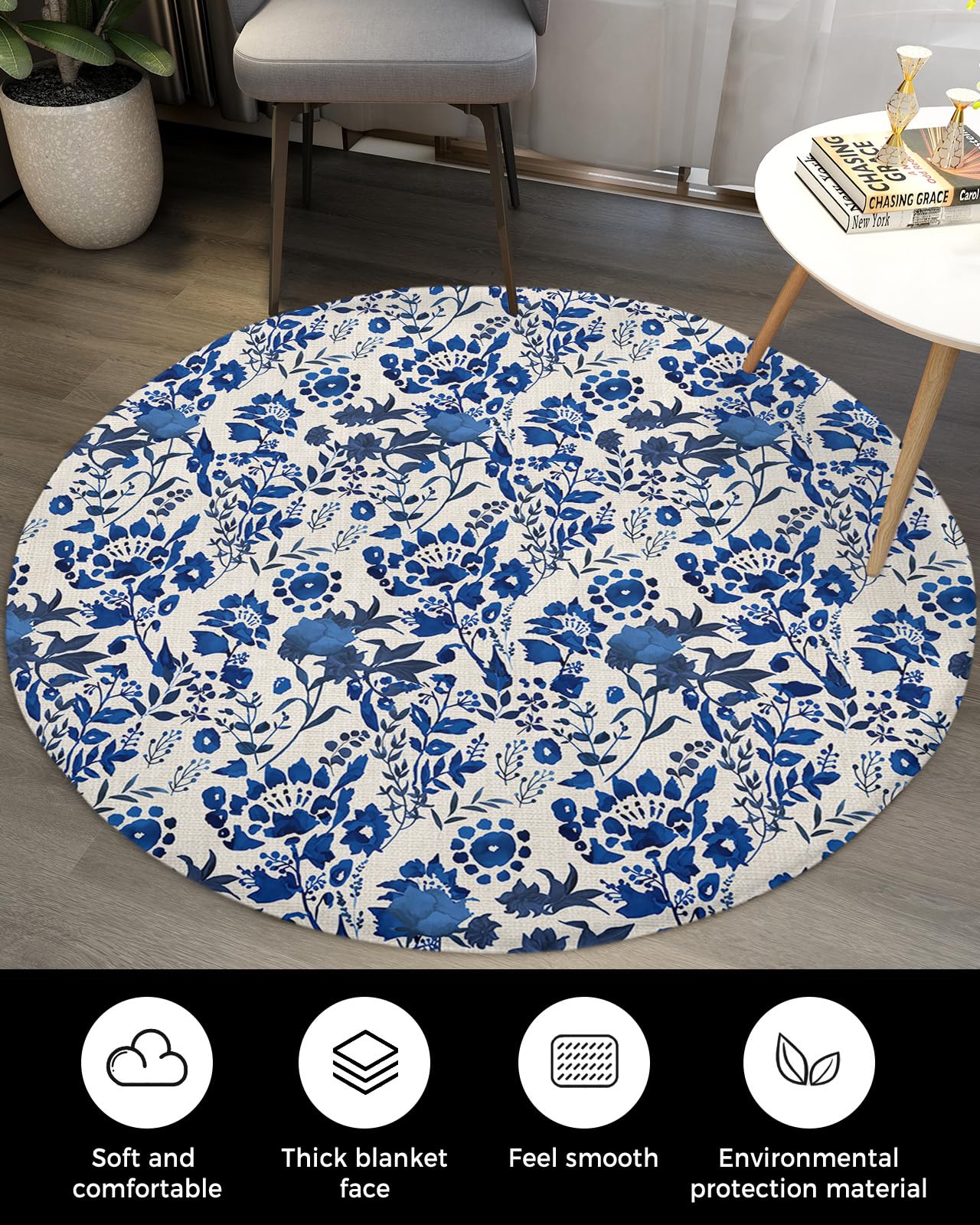 Floral Leaves Fluffy Round Area Rug Carpets 4ft, Plush Shaggy Carpet Soft Circular Rugs, Non-Slip Fuzzy Accent Floor Mat for Living Room Bedroom Nursery Home Decor Vintage Blue Botanical Plant Flower