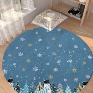 Christmas Snowman Fluffy Round Area Rug Carpets 3.3ft, Plush Shaggy Carpet Soft Circular Rugs, Non-Slip Fuzzy Accent Floor Mat for Living Room Bedroom Nursery Home Decor Blue Winter Tree Snowflake