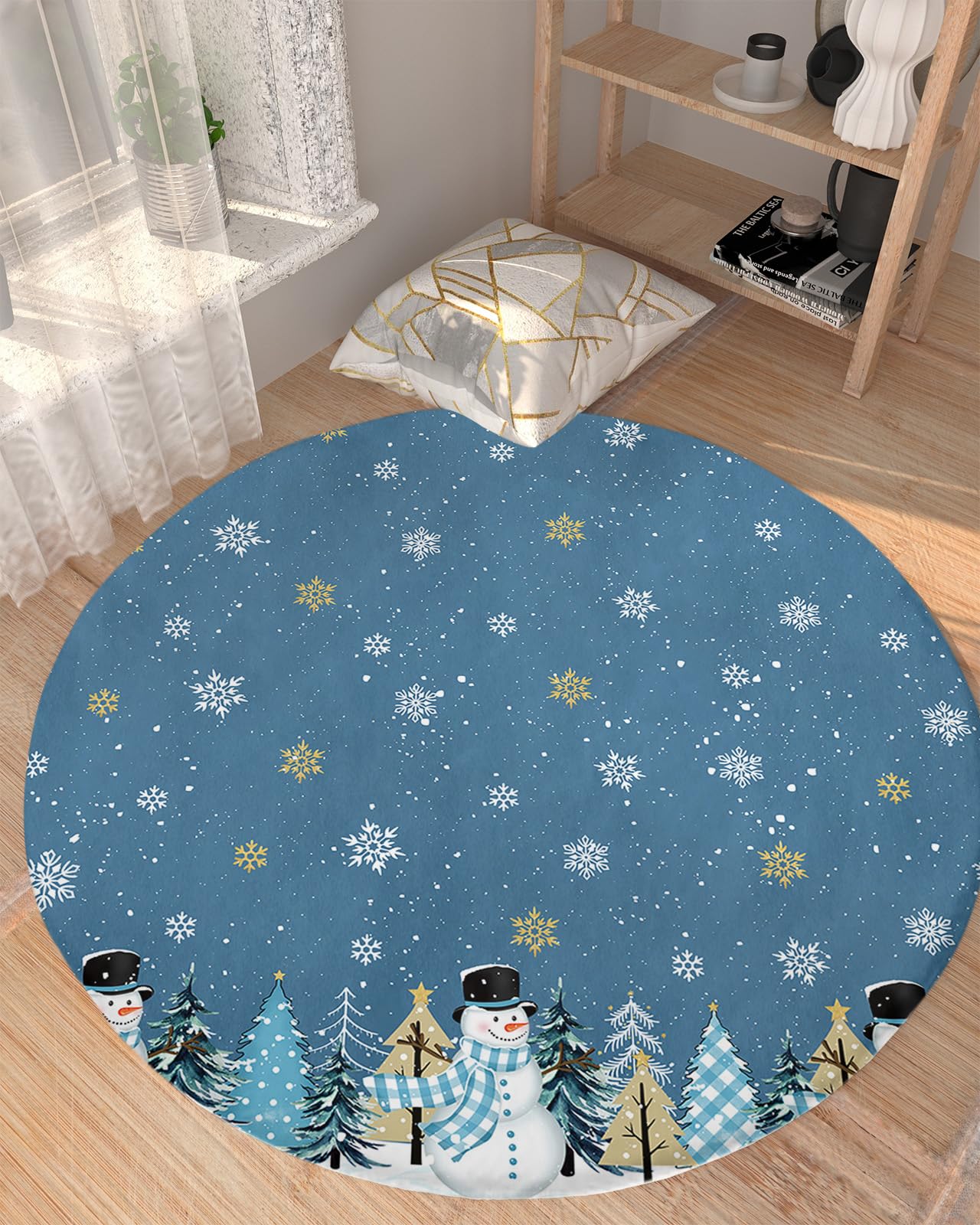 Christmas Snowman Fluffy Round Area Rug Carpets 3.3ft, Plush Shaggy Carpet Soft Circular Rugs, Non-Slip Fuzzy Accent Floor Mat for Living Room Bedroom Nursery Home Decor Blue Winter Tree Snowflake