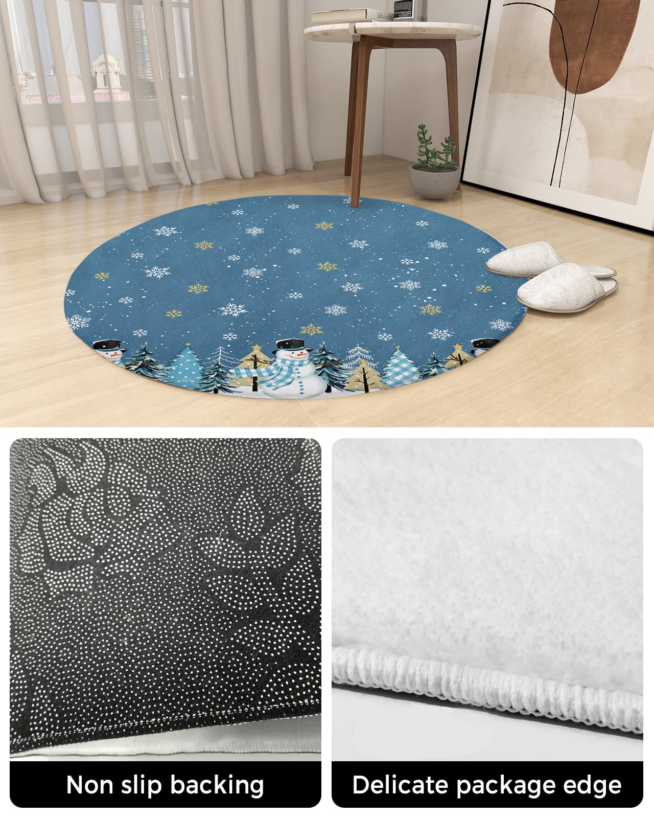 Christmas Snowman Fluffy Round Area Rug Carpets 3.3ft, Plush Shaggy Carpet Soft Circular Rugs, Non-Slip Fuzzy Accent Floor Mat for Living Room Bedroom Nursery Home Decor Blue Winter Tree Snowflake
