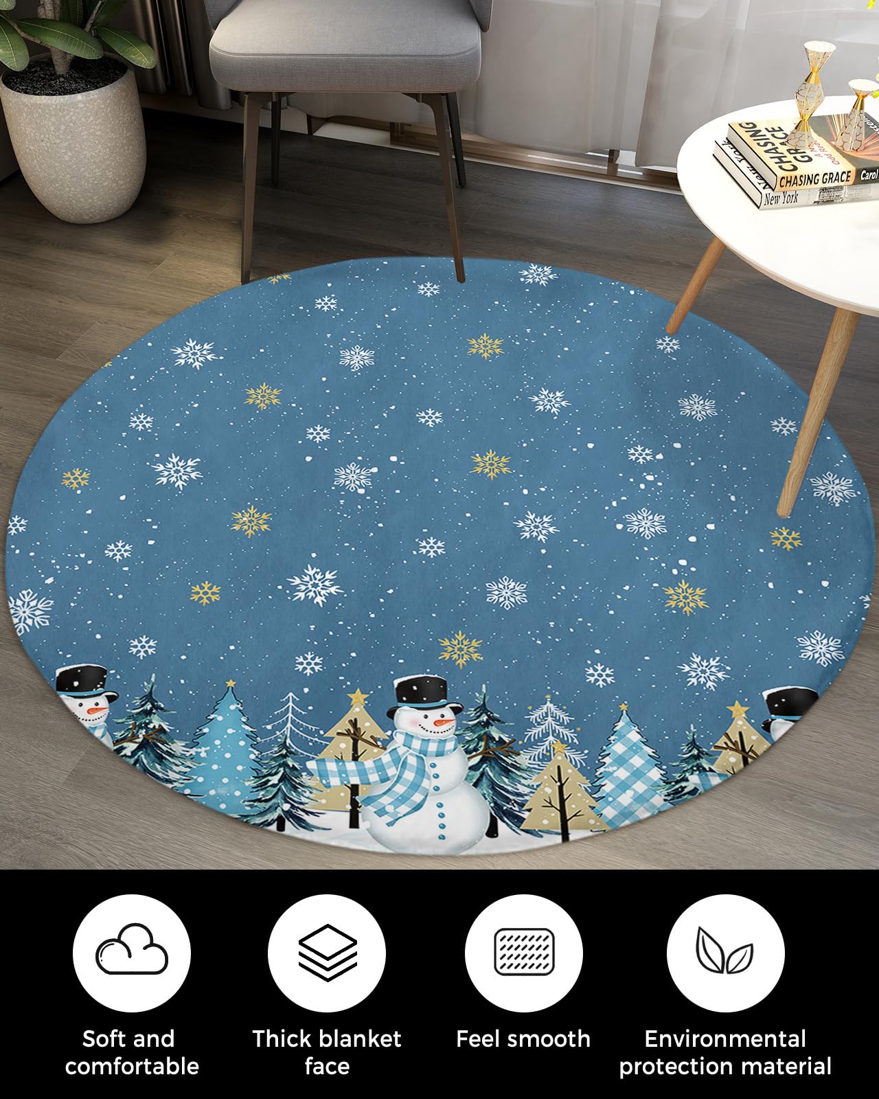 Christmas Snowman Fluffy Round Area Rug Carpets 3.3ft, Plush Shaggy Carpet Soft Circular Rugs, Non-Slip Fuzzy Accent Floor Mat for Living Room Bedroom Nursery Home Decor Blue Winter Tree Snowflake