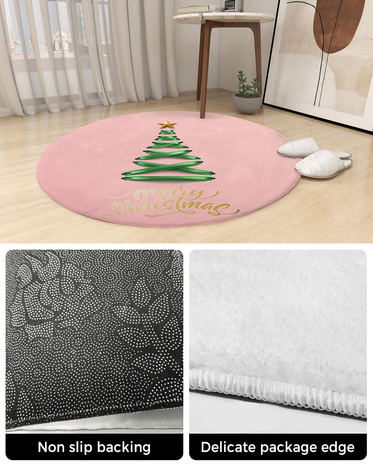 Christmas Fluffy Round Area Rug Carpets 5ft,Plush Shaggy Carpet Soft Circular Rugs,Non-Slip Fuzzy Accent Floor Mat for Living Room Bedroom Nursery Home Decor Geometric Abstract Contemporary Tree Pink
