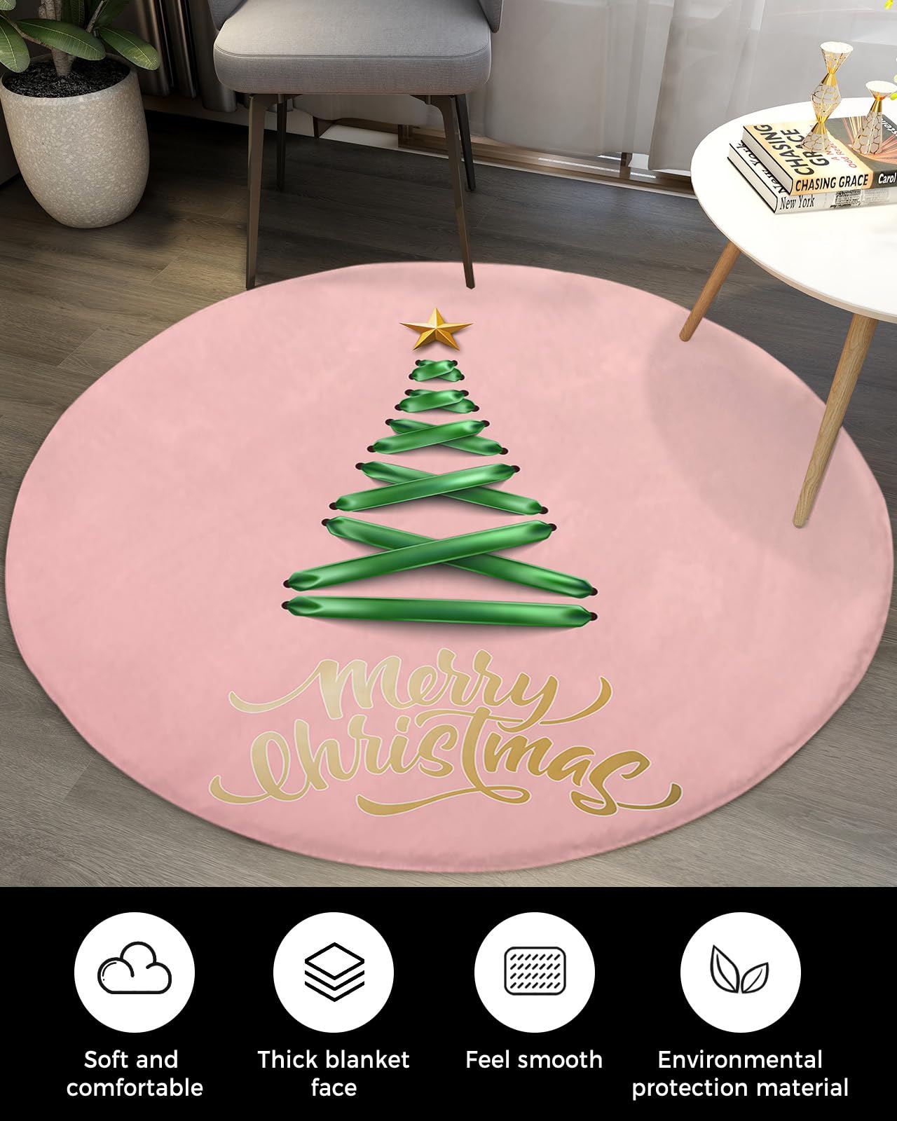 Christmas Fluffy Round Area Rug Carpets 5ft,Plush Shaggy Carpet Soft Circular Rugs,Non-Slip Fuzzy Accent Floor Mat for Living Room Bedroom Nursery Home Decor Geometric Abstract Contemporary Tree Pink