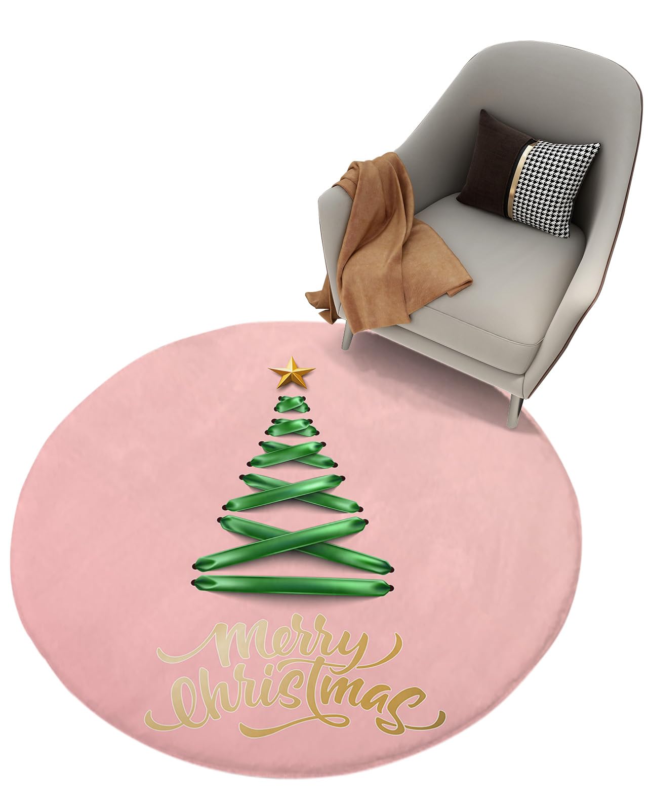 Christmas Fluffy Round Area Rug Carpets 5ft,Plush Shaggy Carpet Soft Circular Rugs,Non-Slip Fuzzy Accent Floor Mat for Living Room Bedroom Nursery Home Decor Geometric Abstract Contemporary Tree Pink