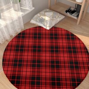 Christmas Fluffy Round Area Rug Carpets 3.3ft, Plush Shaggy Carpet Soft Circular Rugs, Non-Slip Fuzzy Accent Floor Mat for Living Room Bedroom Nursery Home Decor Buffalo Plaid Red Black Lattice