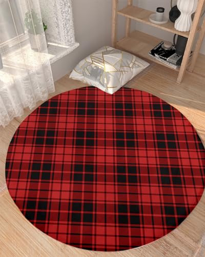 Christmas Fluffy Round Area Rug Carpets 3.3ft, Plush Shaggy Carpet Soft Circular Rugs, Non-Slip Fuzzy Accent Floor Mat for Living Room Bedroom Nursery Home Decor Buffalo Plaid Red Black Lattice