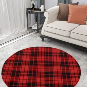 Christmas Fluffy Round Area Rug Carpets 3.3ft, Plush Shaggy Carpet Soft Circular Rugs, Non-Slip Fuzzy Accent Floor Mat for Living Room Bedroom Nursery Home Decor Buffalo Plaid Red Black Lattice