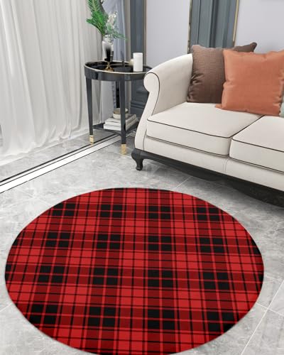 Christmas Fluffy Round Area Rug Carpets 3.3ft, Plush Shaggy Carpet Soft Circular Rugs, Non-Slip Fuzzy Accent Floor Mat for Living Room Bedroom Nursery Home Decor Buffalo Plaid Red Black Lattice