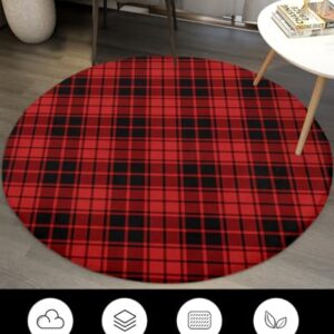 Christmas Fluffy Round Area Rug Carpets 3.3ft, Plush Shaggy Carpet Soft Circular Rugs, Non-Slip Fuzzy Accent Floor Mat for Living Room Bedroom Nursery Home Decor Buffalo Plaid Red Black Lattice