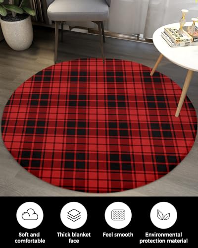 Christmas Fluffy Round Area Rug Carpets 3.3ft, Plush Shaggy Carpet Soft Circular Rugs, Non-Slip Fuzzy Accent Floor Mat for Living Room Bedroom Nursery Home Decor Buffalo Plaid Red Black Lattice