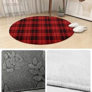 Christmas Fluffy Round Area Rug Carpets 3.3ft, Plush Shaggy Carpet Soft Circular Rugs, Non-Slip Fuzzy Accent Floor Mat for Living Room Bedroom Nursery Home Decor Buffalo Plaid Red Black Lattice